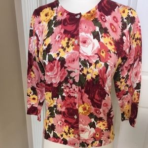 Talbots P floral pink cardigan cotton silk blend